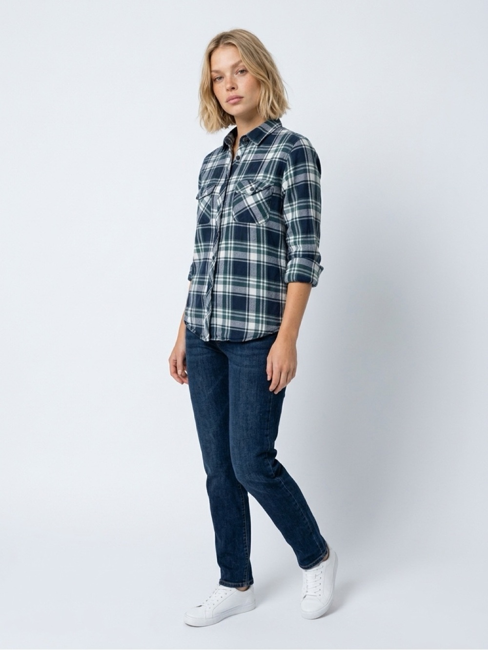 Navy and Green Plaid Flannel Shirt - Casual Button-Up